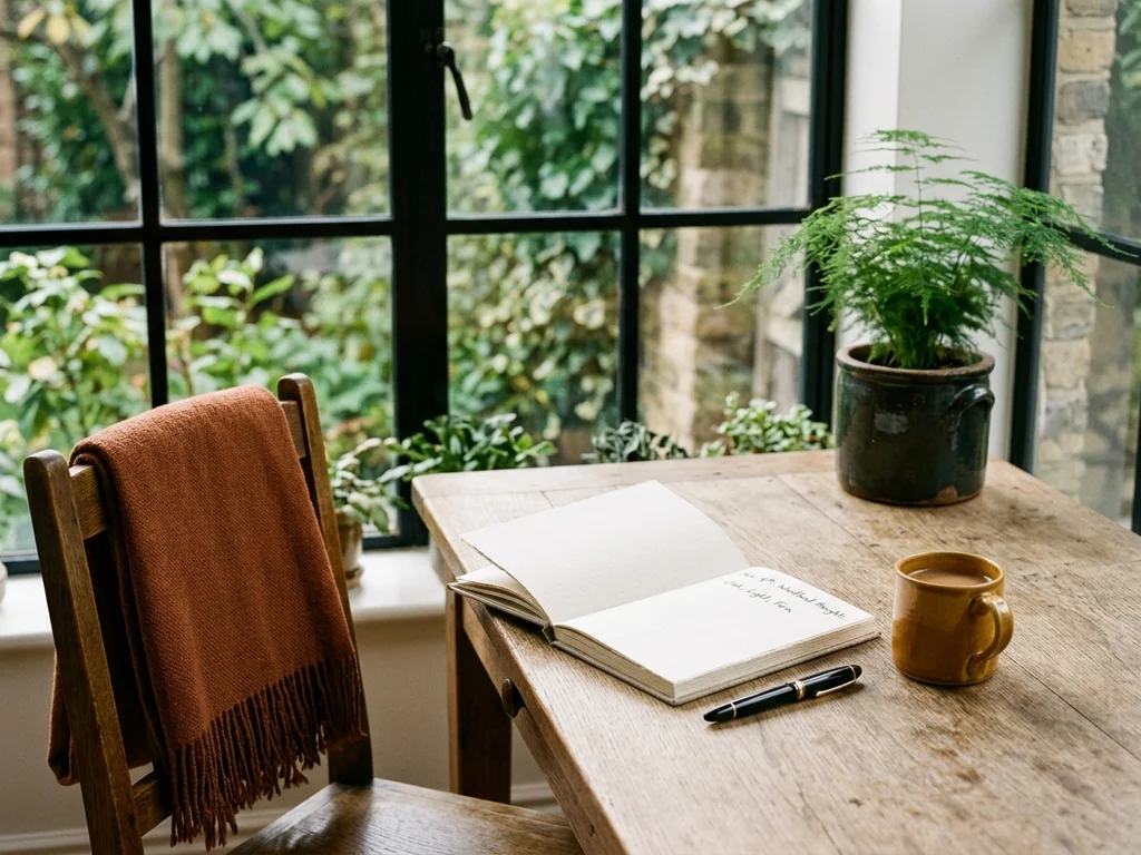 Espace de travail lumineux avec carnet et plantes pour une prise de contact sereine.