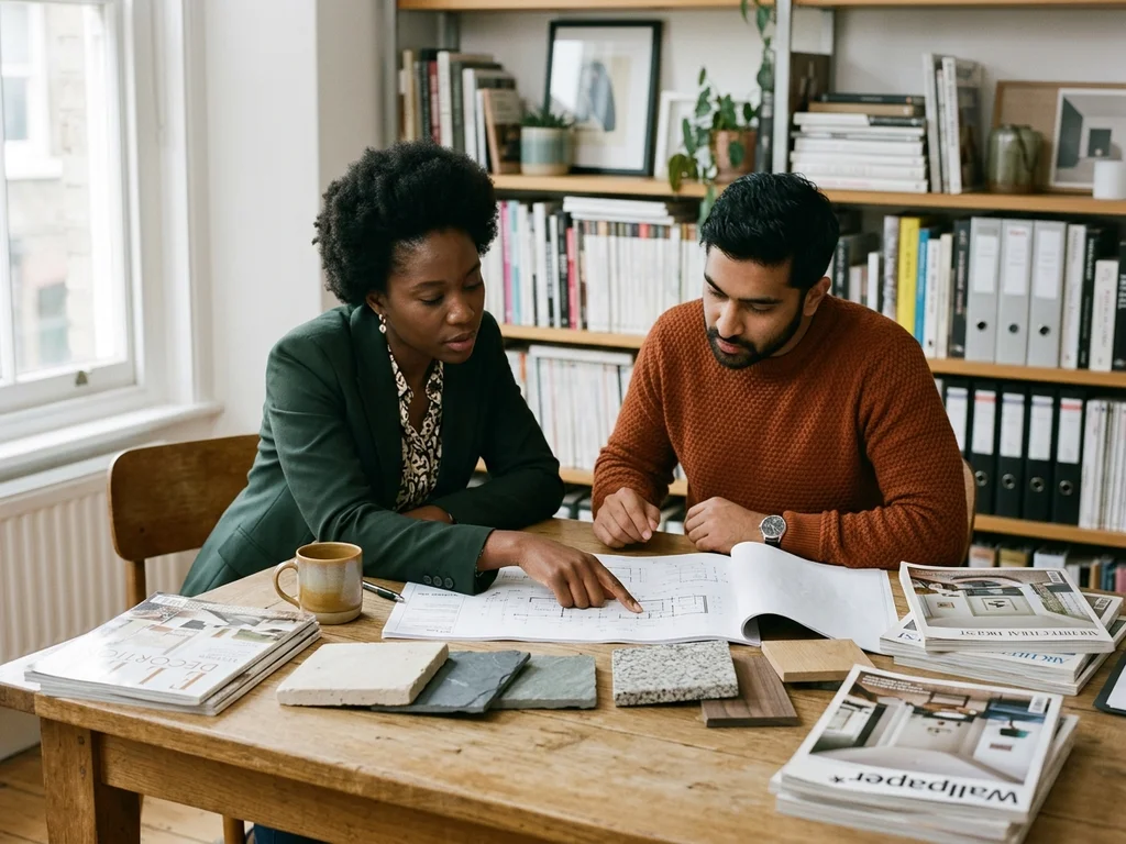 Une équipe de rédaction analyse des plans de maison et des échantillons de matériaux sur un bureau.