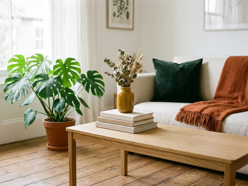 Salon lumineux avec mobilier en chêne et accessoires aux tons naturels pour une décoration apaisante.